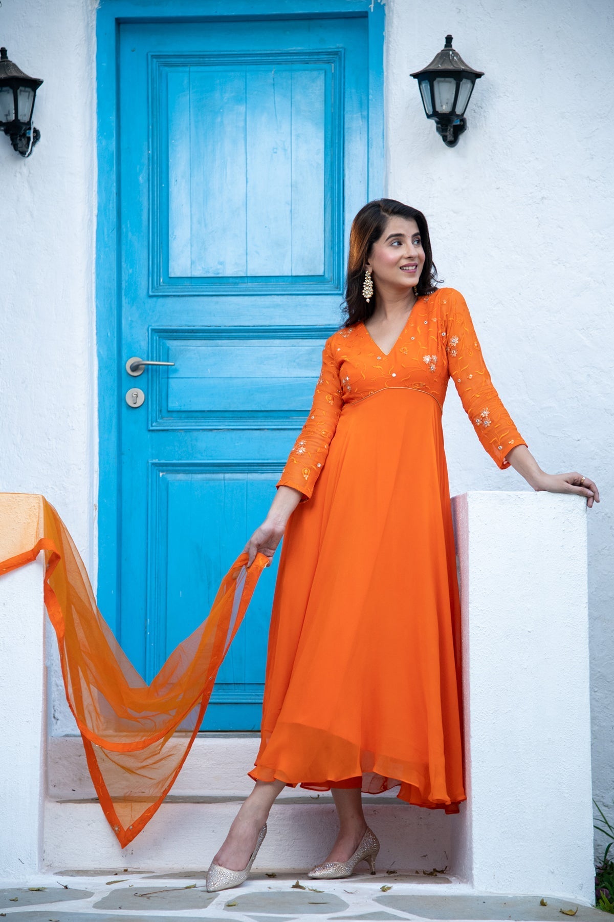 Women's Orange Anarkali Set
