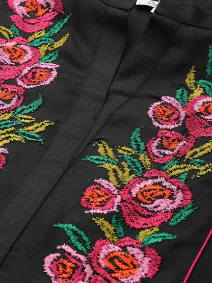Women's Black & Pink Floral Embroidered Yoke Design Straight Kurta