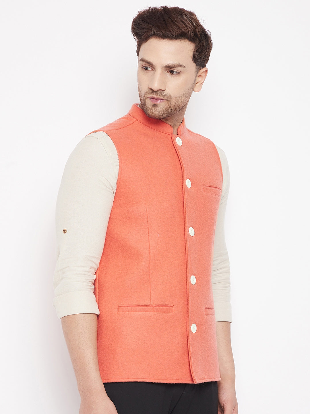 Men's Orange Color Woven Nehru Jacket
