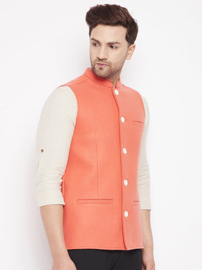 Men's Orange Color Woven Nehru Jacket