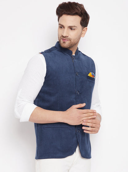 Men's Blue Color Nehru Jacket-Contrast Lining-Inbuilt Pocket Square