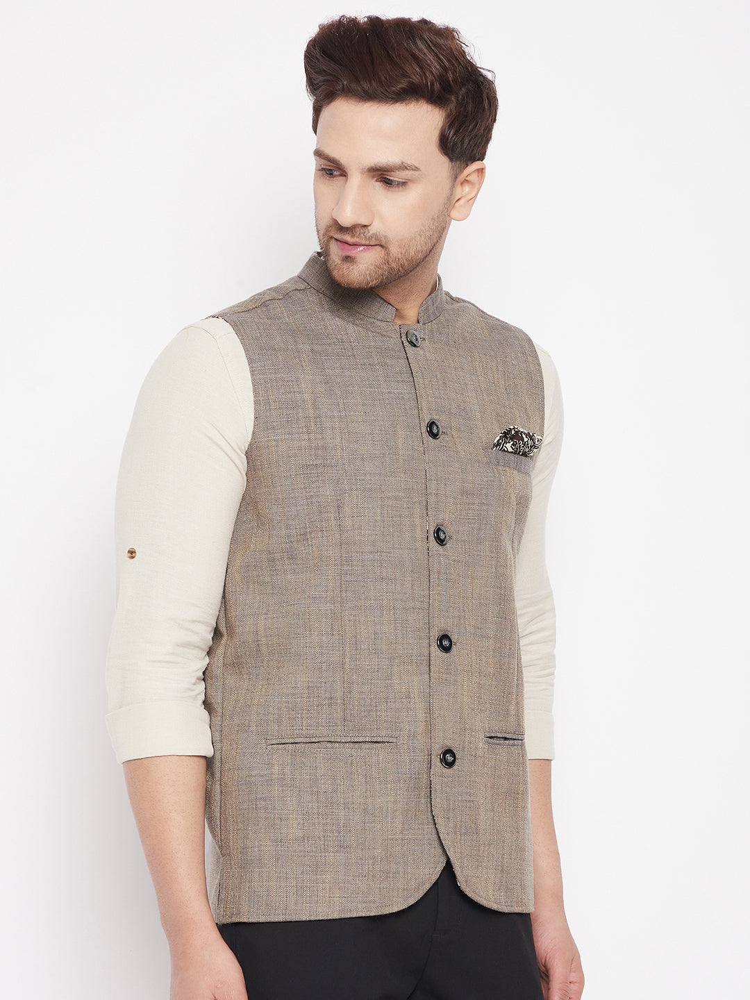 Men's Brown Color Woven Nehru Jacket
