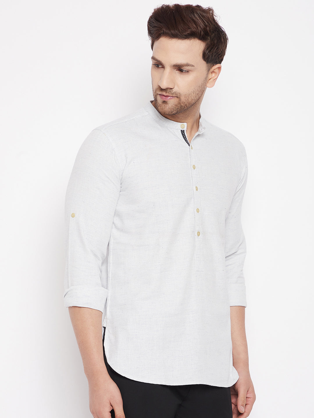 Men's Cream Color Short Kurta with Band Collar