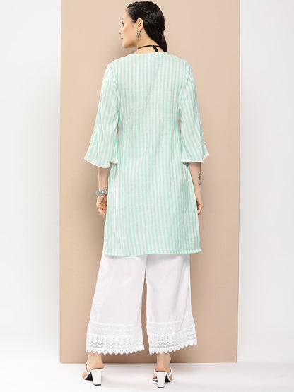 Women's Sea Green And White Striped Kurta With Lace Detailing & Off White Palazzos