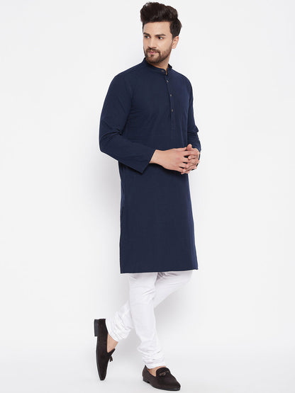 Men's Cotton Self Striped Blue Kurta