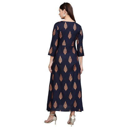 Women Navy Blue Cotton Printed Dress by Myshka (