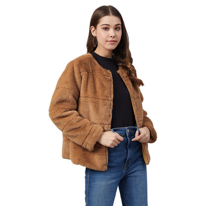 Women's Brown Faux Fur Open Jacket