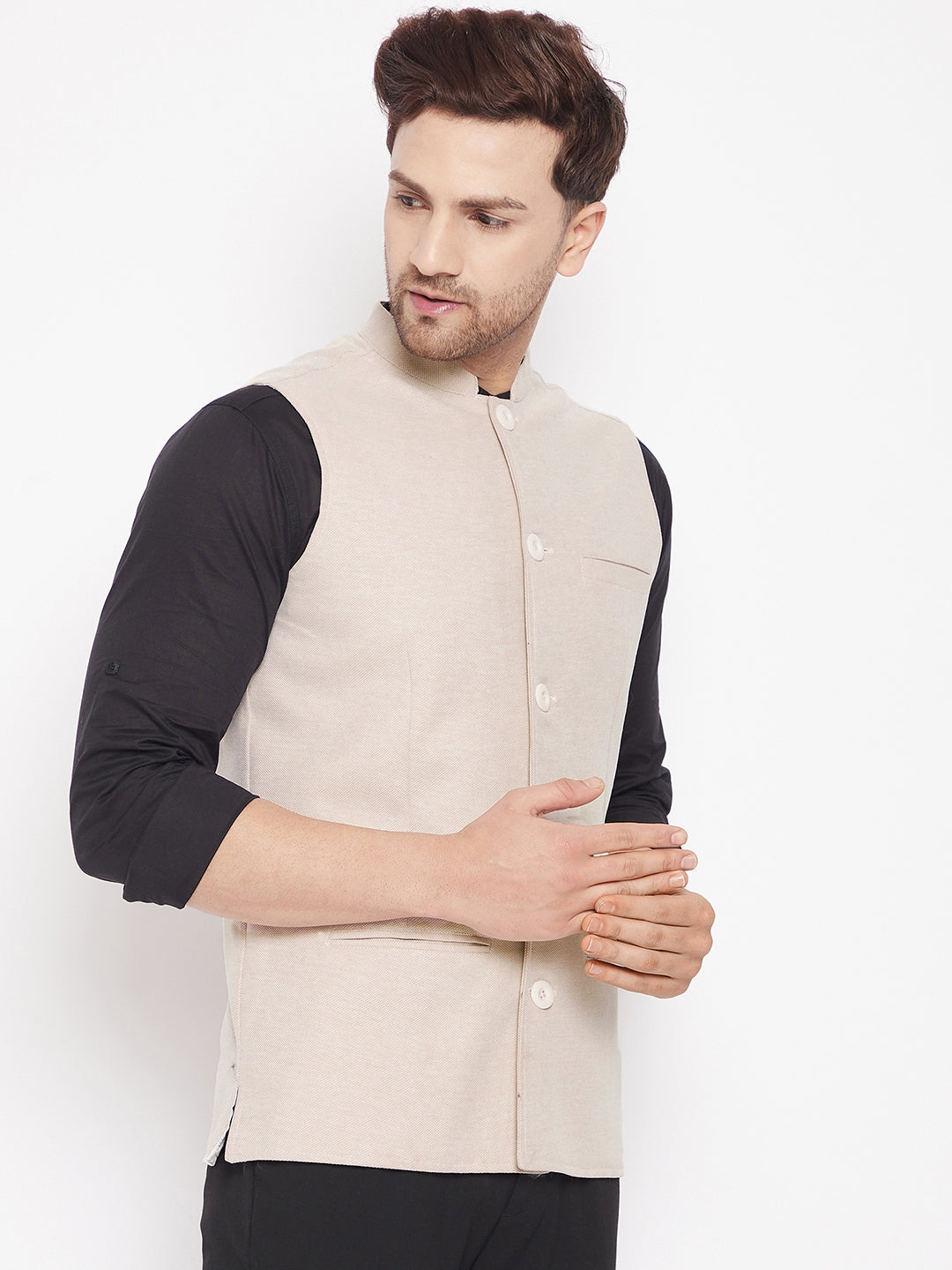 Men's Cream Color Woven Nehru Jacket