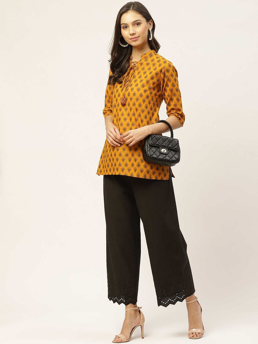 Women's Black Solid Schiffli Straight Cotton Palazzos