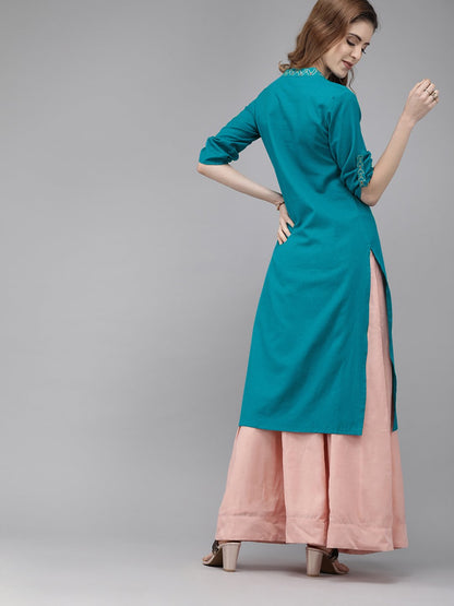 Women's Rama Green Embroidered Kurta