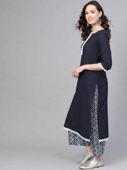 Women's Navy Cotton Solid Full Sleeve Round Neck Casual Kurta Palazzo Set