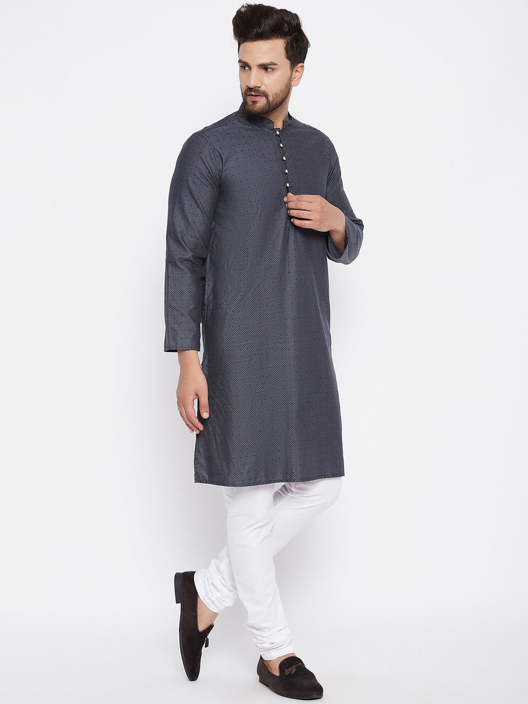 Men's Woven Design Blue Straight Kurta2
