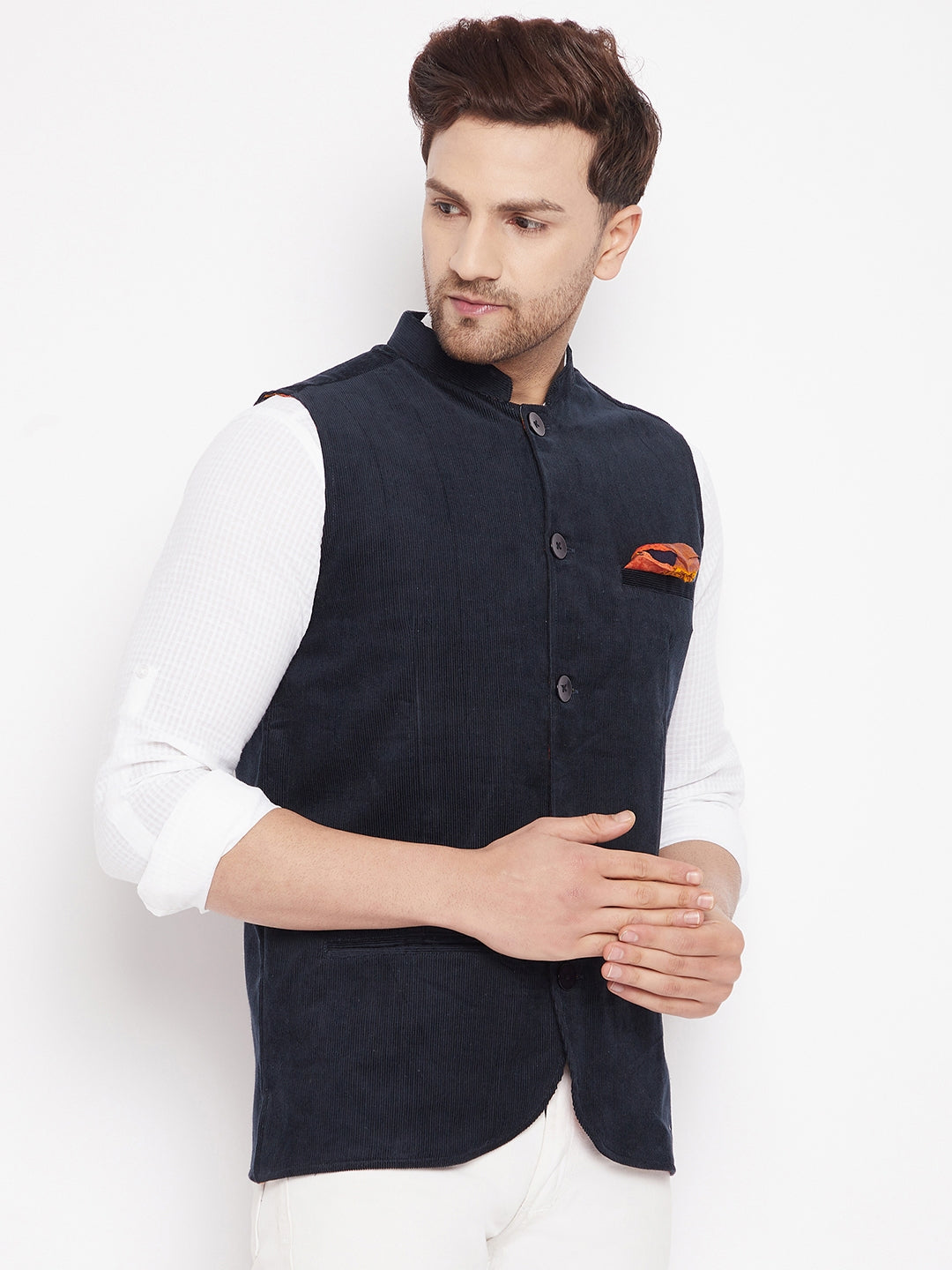 Men's Navy Color Nehru Jacket-Contrast Lining-Inbuilt Pocket Square