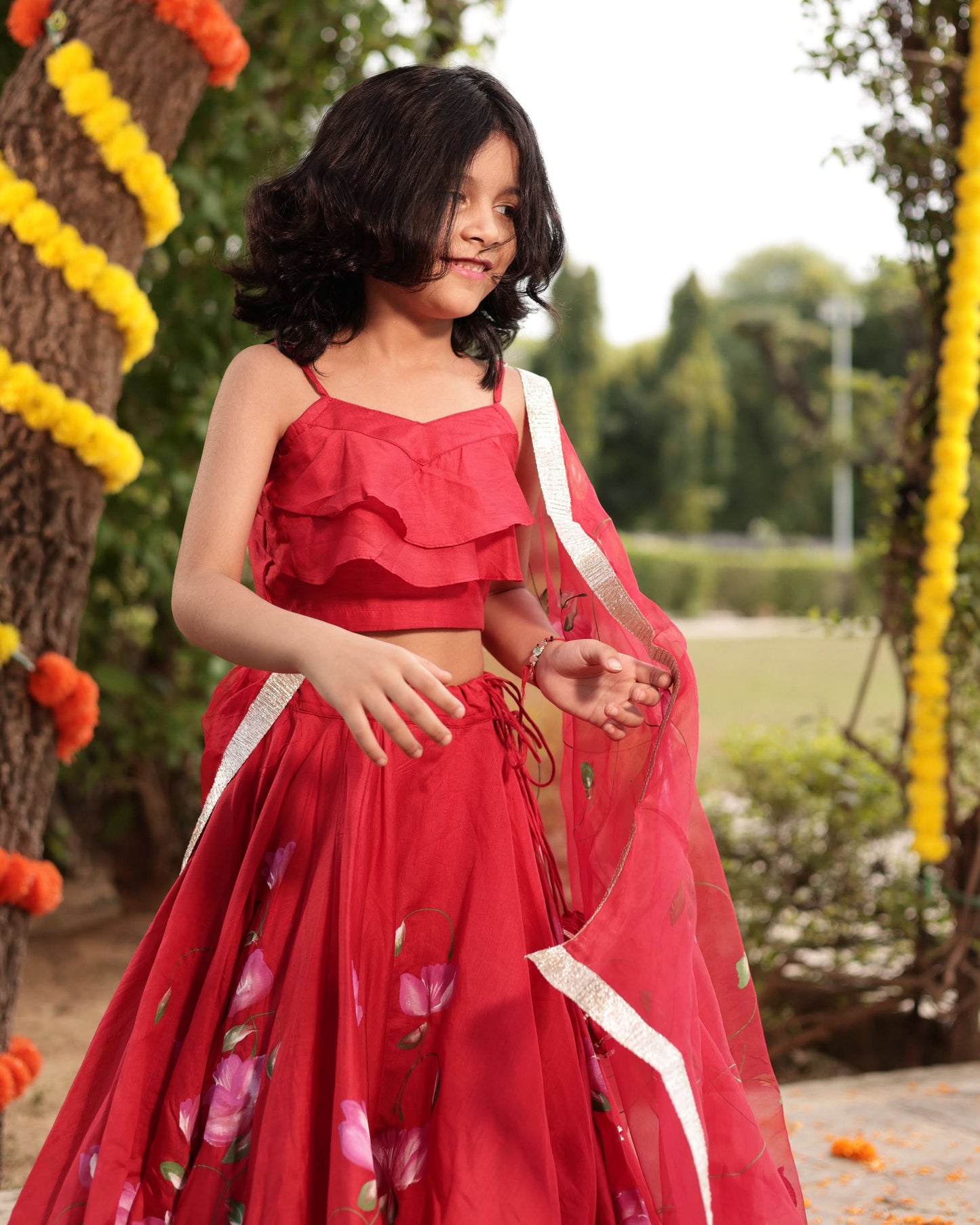 Girl's Tinsel Red Handpainted Chanderi Lehenga Set