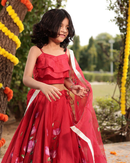 Girl's Tinsel Red Handpainted Chanderi Lehenga Set