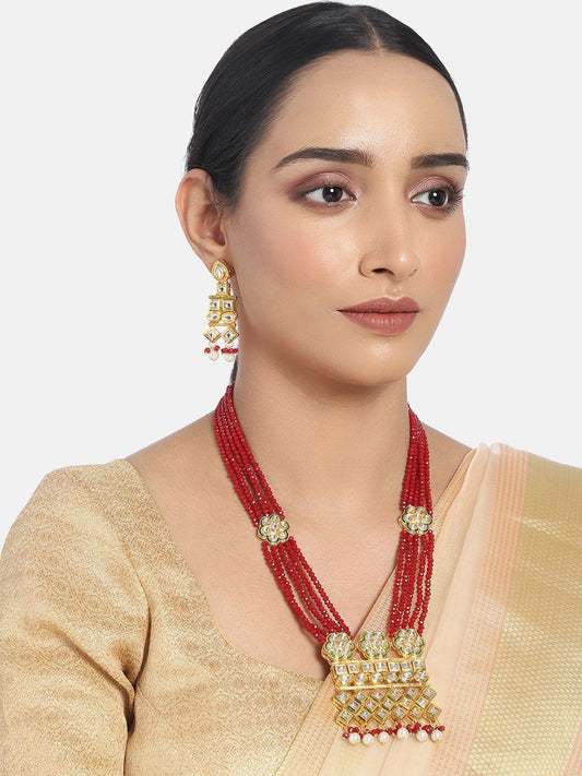 Women's Gold Plated Polki Kundan Brass Necklace Set With Earrings Maroon Crystal Onyx Long Mala