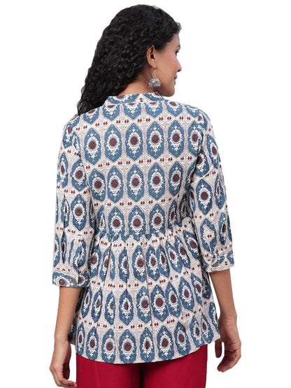 Women's Multi Printed 3/4 Sleeve Coller Neck Cotton Casual Top