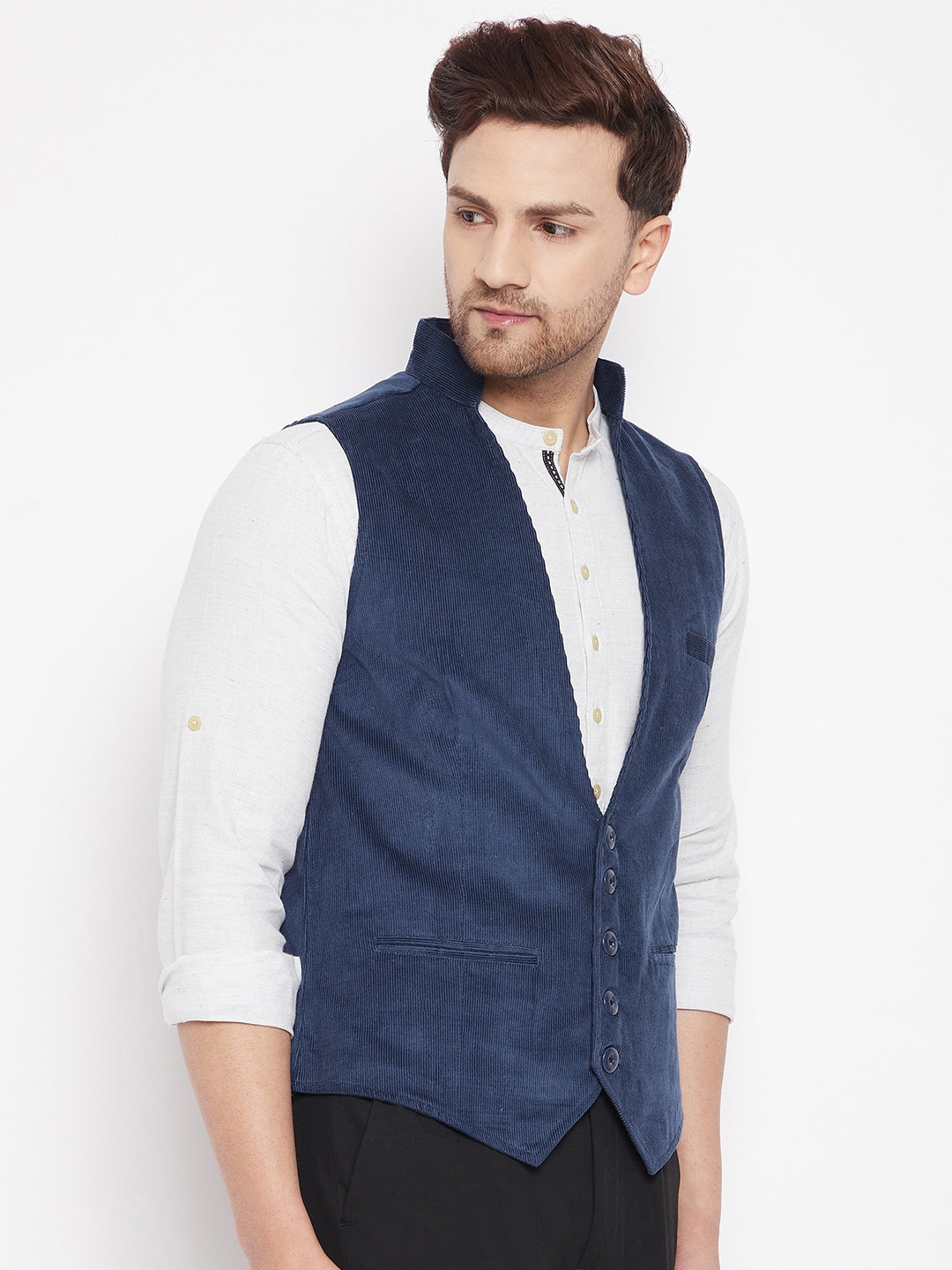 Men's Blue Color Woven Nehru Jacket