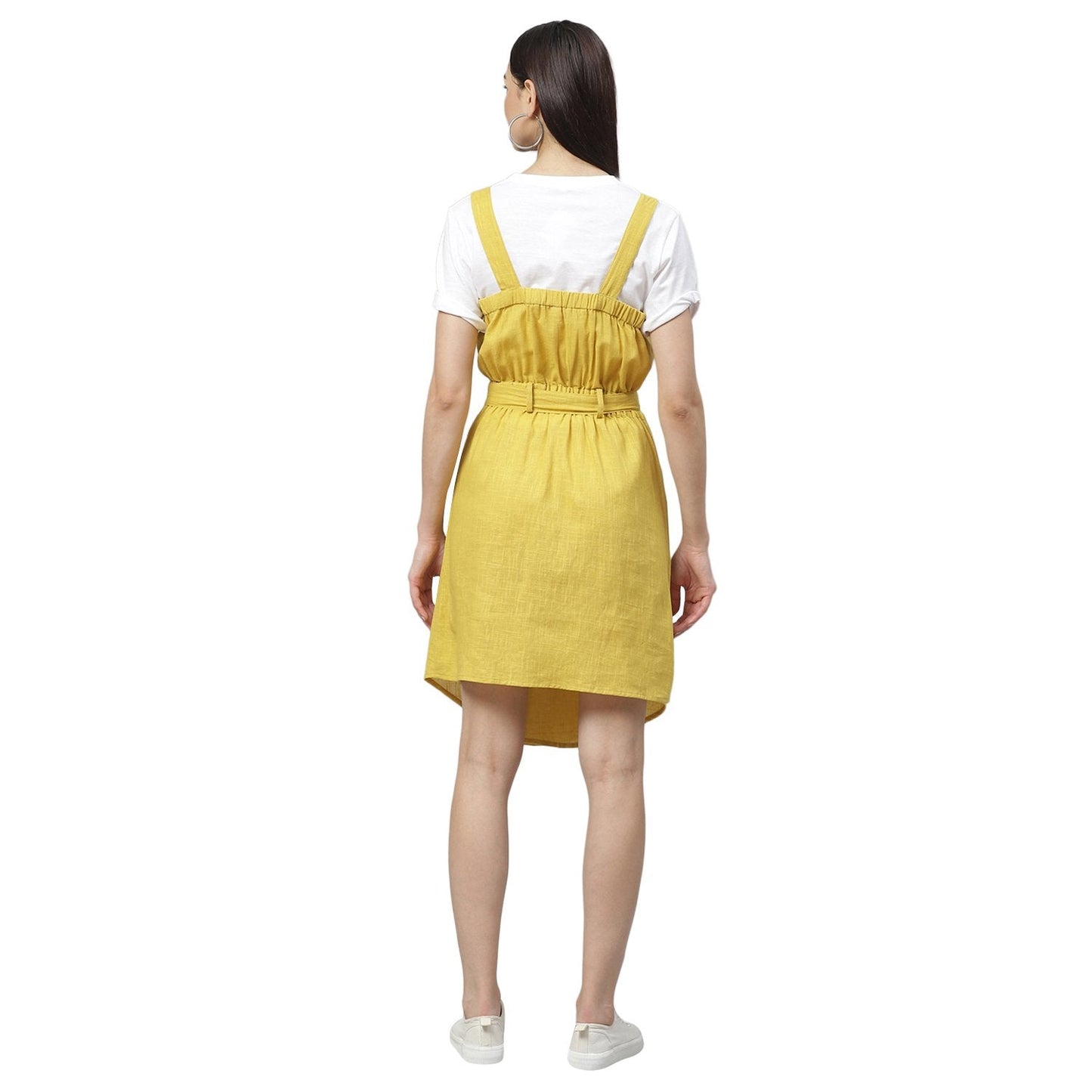 Women's Yellow Cotton Slub Solid Sleeveless Srep Neck Casual Dress