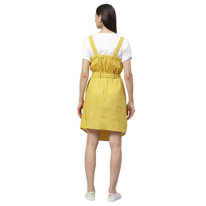 Women's Yellow Cotton Slub Solid Sleeveless Srep Neck Casual Dress