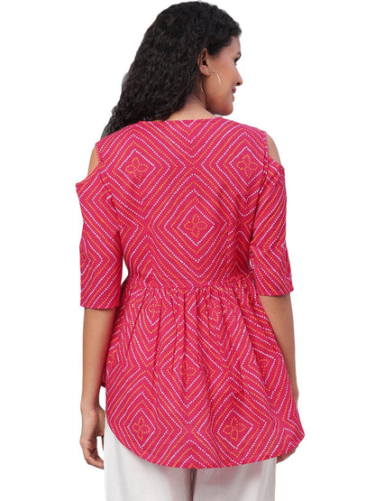 Women Pink Printed Cotton Top by Myshka (