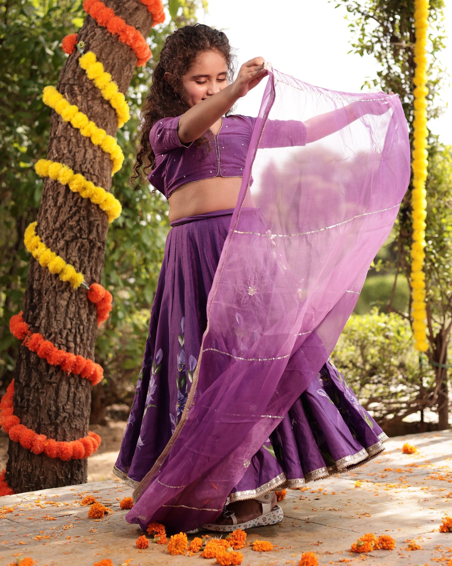 Girl's Berry Purple Handpainted Chanderi Lehenga Set