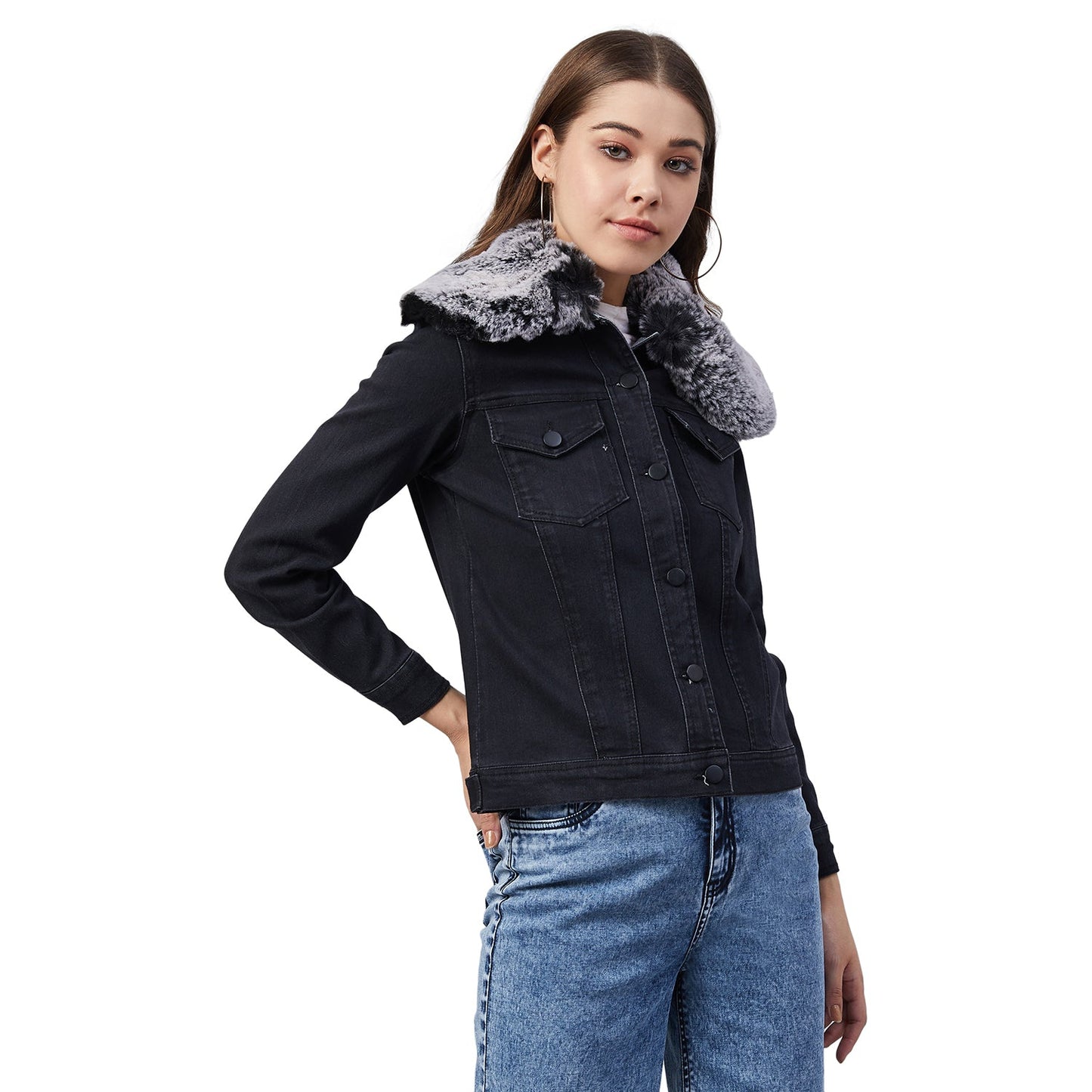Women's Black Denim Jacket with Detachable Grey Collar