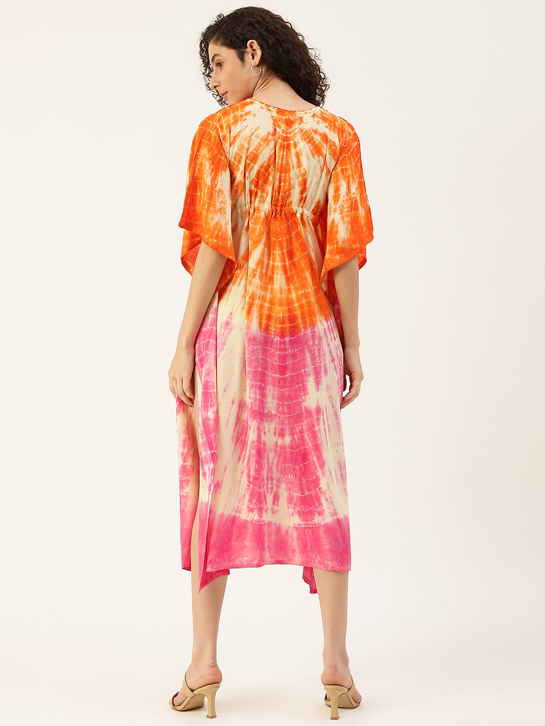 Women's Pink-orange Tie-Dye Rayon Kaftan Dress
