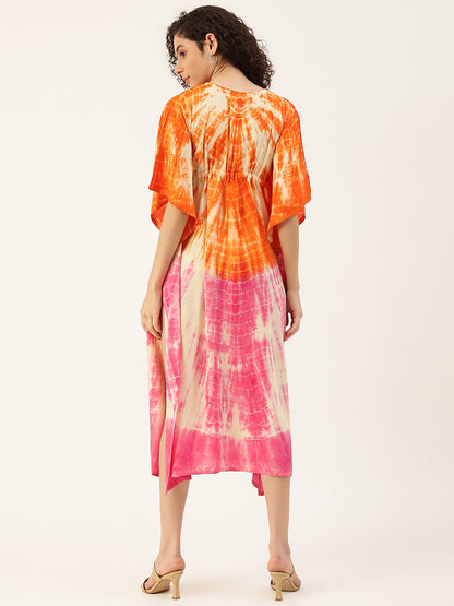 Women's Pink-orange Tie-Dye Rayon Kaftan Dress