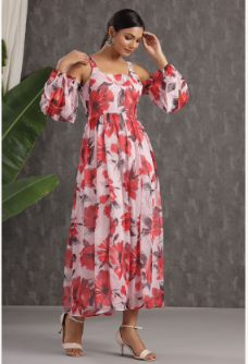 Women's Light Pink Chiffon Printed Flared Dress