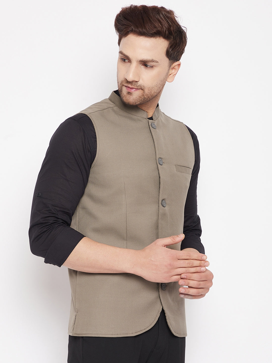 Men's Beige Color Woven Nehru Jacket