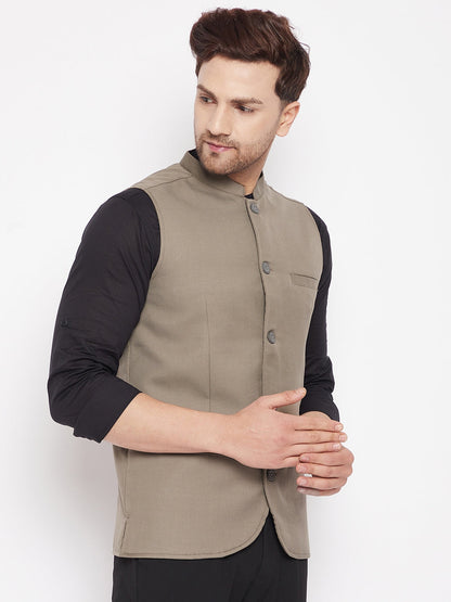 Men's Beige Color Woven Nehru Jacket