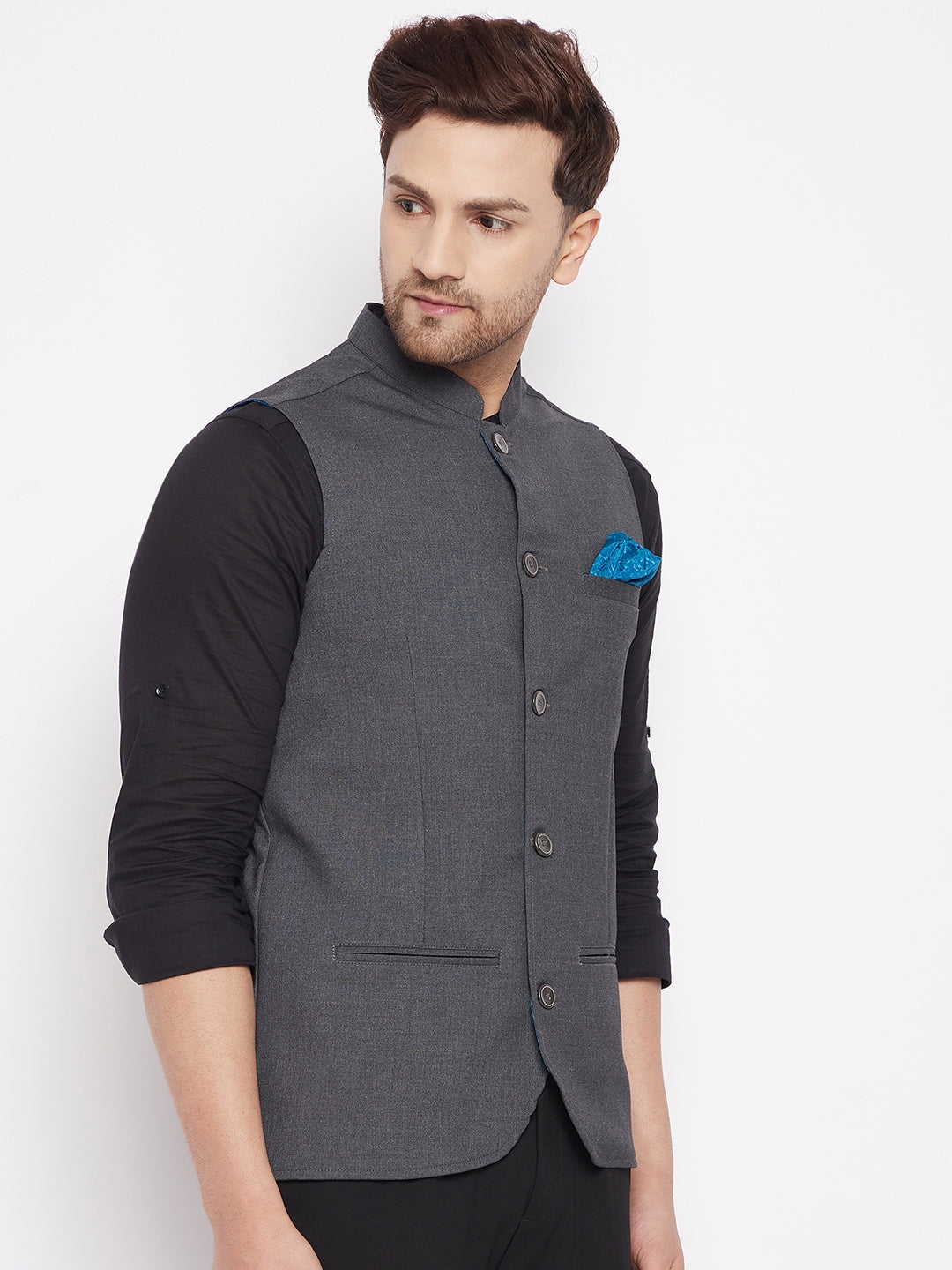 Men's Grey Color Nehru Jacket-Contrast Lining-Free Pocket Square