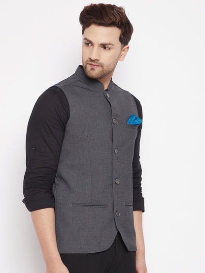 Men's Grey Color Nehru Jacket-Contrast Lining-Free Pocket Square