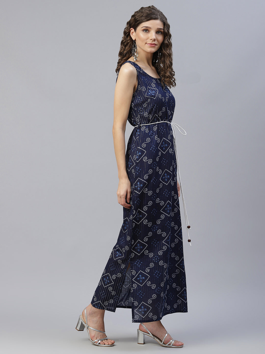 Women's Navy Blue Bandhani Print Maxi Dress
