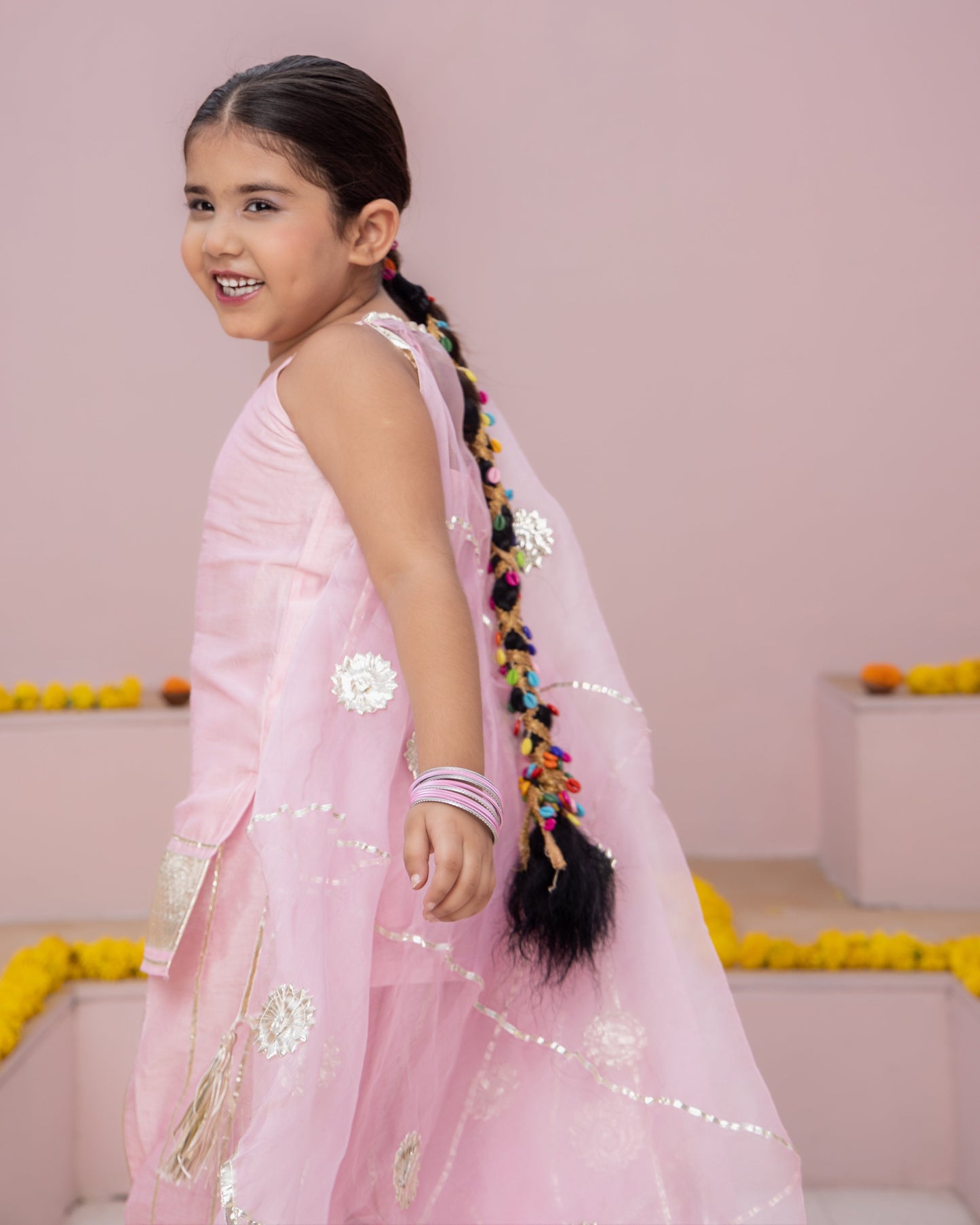 Girl's Mini Pink Solid Chanderi Suit Set