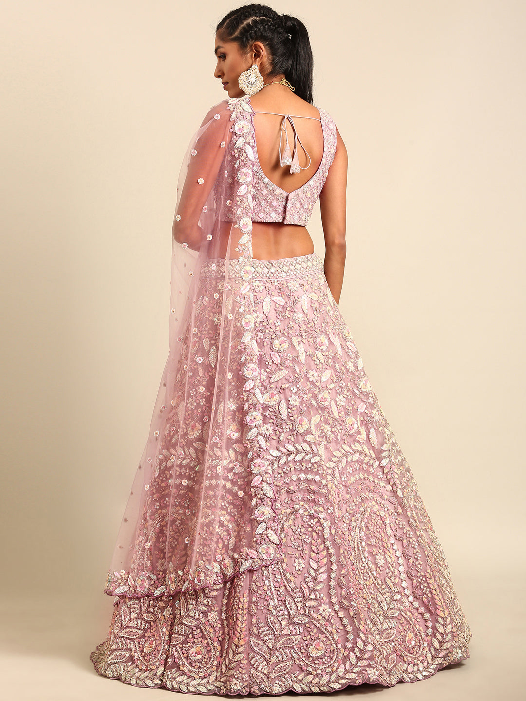 Women 's Mauve Net Multi Sequins with heavy Zarkan embroidery Ready to Wear Lehenga choli & Dupatta