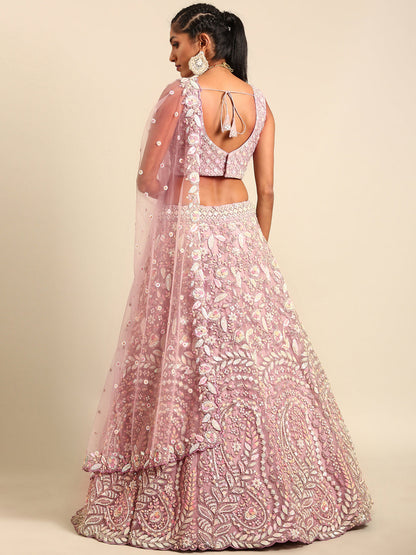 Women 's Mauve Net Multi Sequins with heavy Zarkan embroidery Ready to Wear Lehenga choli & Dupatta