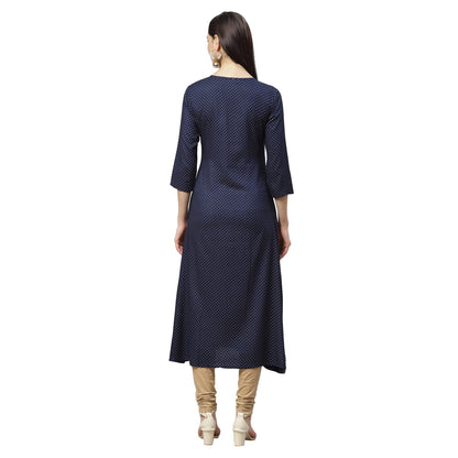 Women's Navy Blue Rayon Gold Print Printed 3/4 Sleeve Round Neck Casual Kurta Only