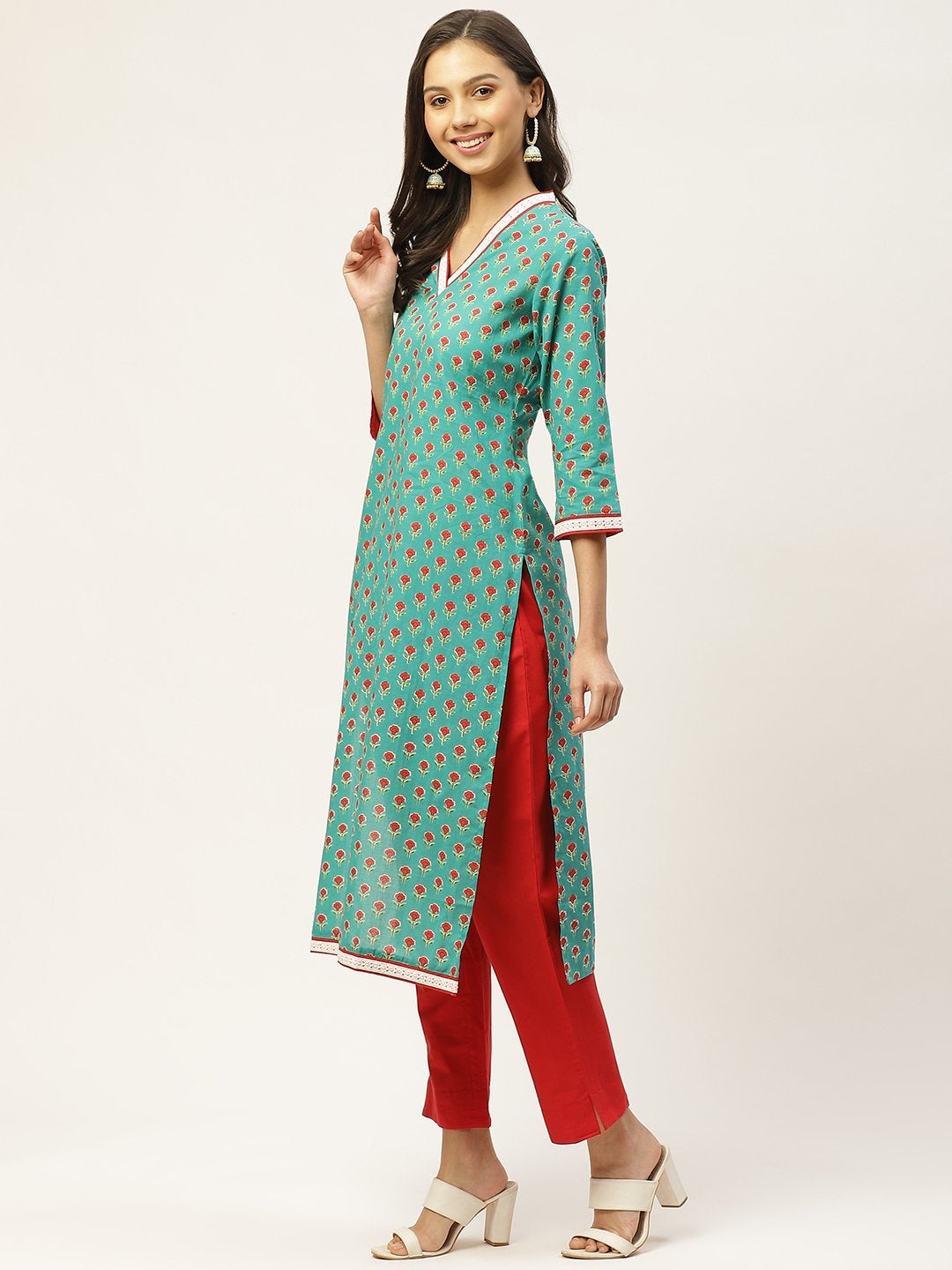 Women's Green & Red Ethnic Motifs Hand Printed Cotton Kurta with Trousers