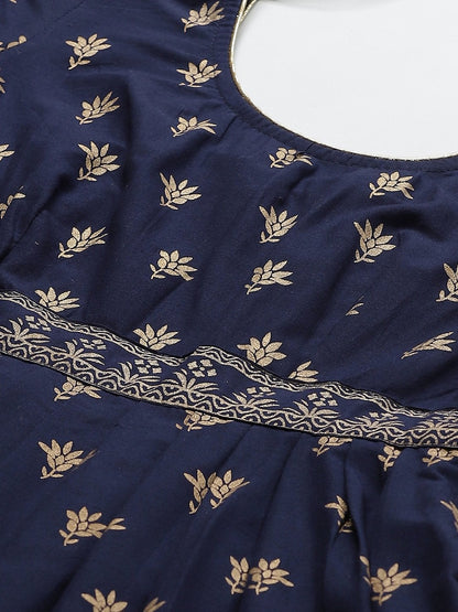 Women's Golden Print Blue Stylish Cotton Anarkali Kurta
