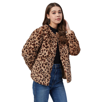 Women's Animal Print Faux Fur Open Jacket