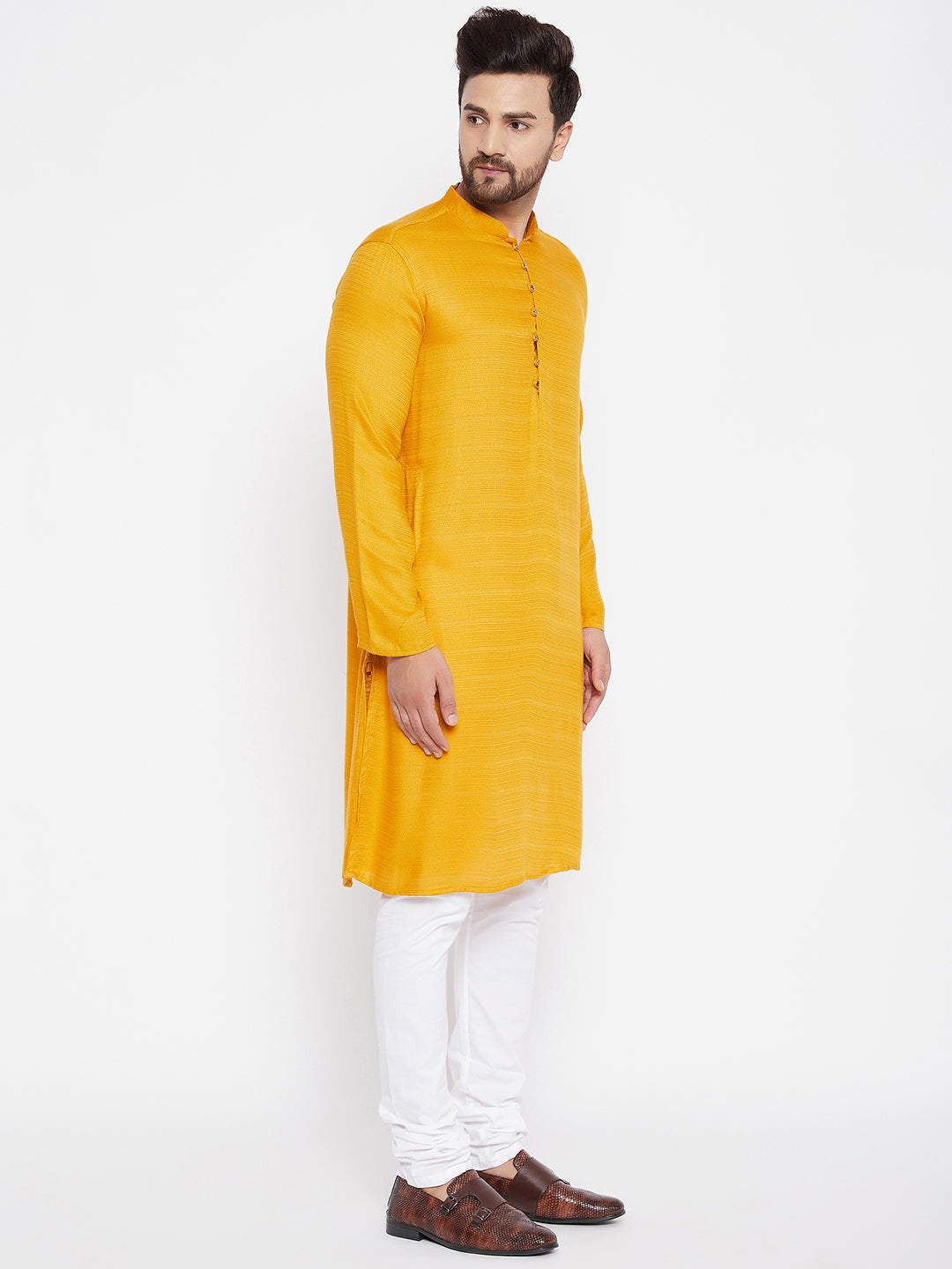 Men's Woven Design Yellow Straight Kurta