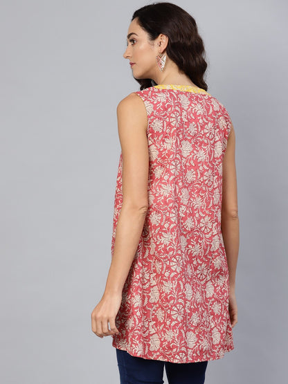 Women's Pink Cotton Printed Sleveeless V-Neck Shurg