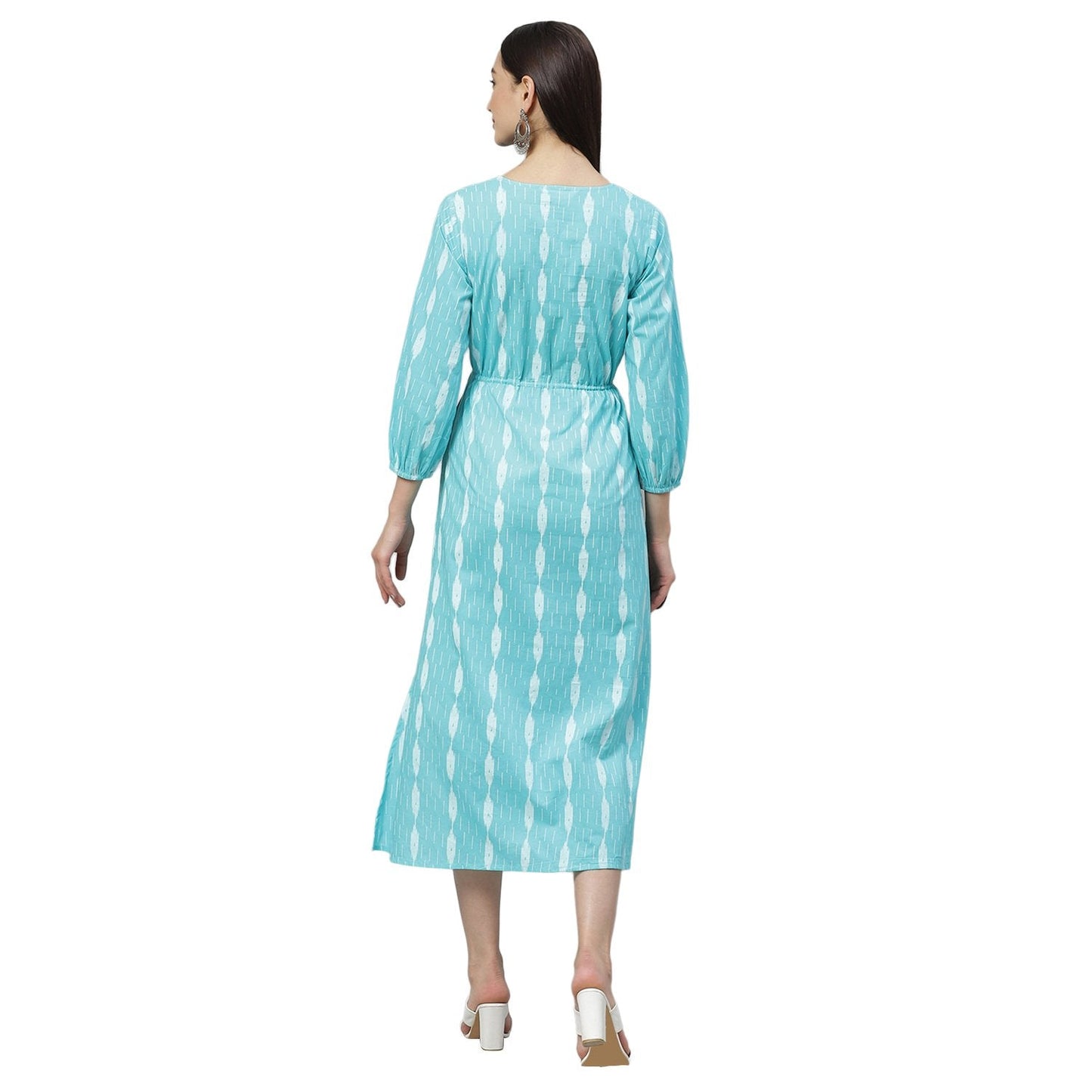 Women's Blue Cotton Printed 3/4 Sleeve Round Neck Casual Dress