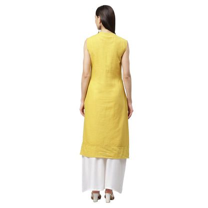Women's Yellow Cotton Slub Printed Sleeveless Round Neck Casual Dress