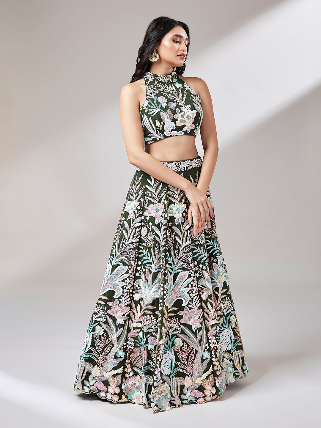 Women 's Olive Net Sequinse Work Ready to Wear Lehenga & stitched Blouse with Dupatta