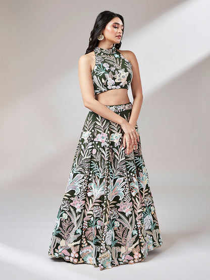 Women 's Olive Net Sequinse Work Ready to Wear Lehenga & stitched Blouse with Dupatta