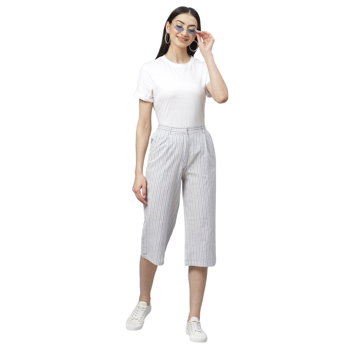 Women White Striped Cotton Culottes Trousers by Myshka (