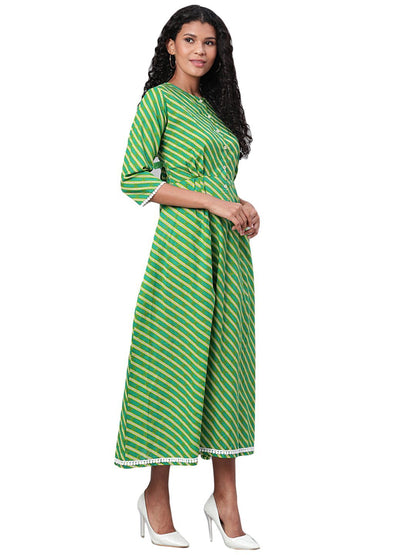Women's Green Printed 3/4 Sleeve Cotton Round Neck Casual Dress